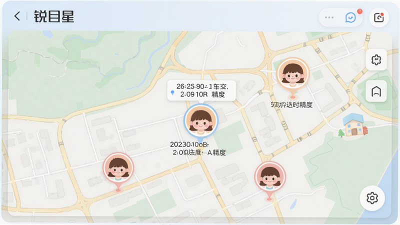 锐目星实时定位界面,地图上显示儿童头像标记,位置坐标和定位精度提示,布局合理,色彩柔和,画质清晰,无多余元素