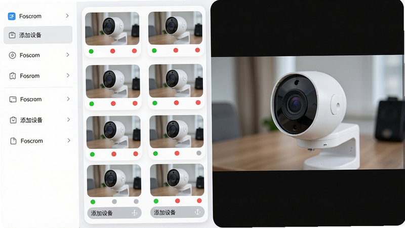 主体:多台Foscam摄像头画面缩略图网格排列,左侧列表显示设备名称,右侧单个大画面滚动播放。布局:左窄右宽双栏。风格:卡片式UI,圆角边缘。细节:每个缩略图下方有状态指示灯(绿色在线、红色离线),底部有“添加设备”按钮。画质:干净,明亮,无多余元素。
