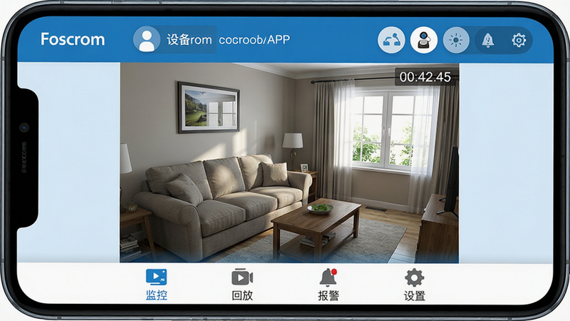 主体:Foscam手机APP界面,中央显示实时监控画面,顶部有设备列表和云台控制按钮,底部导航栏包含“监控”、“回放”、“报警”、“设置”四个图标。布局:上下结构,画面居中。风格:扁平化UI,蓝色主色调。细节:画面中模拟客厅场景,有沙发和窗户,右上角显示时间。画质:高清,干净,无多余元素。