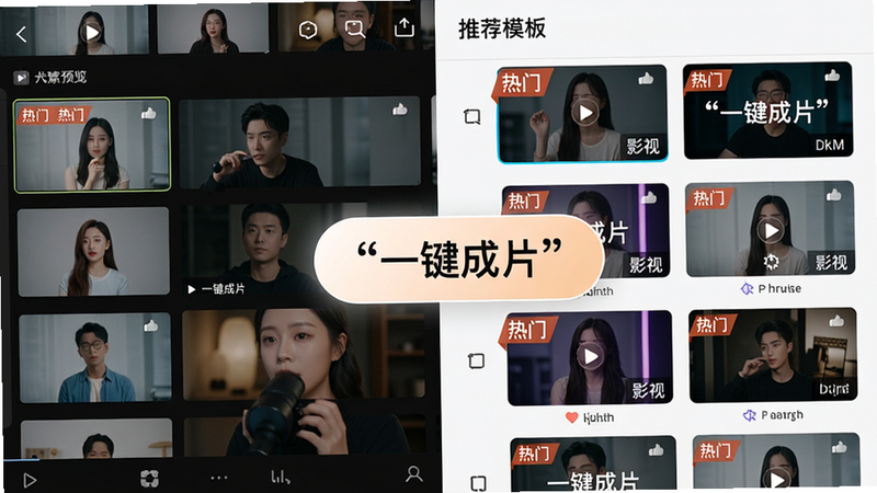 主体展示短视频剪辑的一键成片功能界面,布局左侧为素材预览窗,右侧是推荐模板列表,中间有“一键成片”按钮高亮,风格简洁明快,细节包括模板封面上的“热门”“影视”标签,画质锐利无杂边,文字“一键成片”加引号