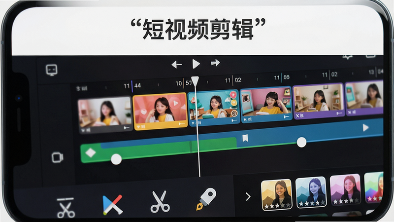 主体为手机屏幕显示短视频剪辑的主界面,布局上方有项目名称“短视频剪辑”字样,中间是时间线轨道与多个视频片段预览,下方排列剪辑工具图标,风格为扁平化清新设计,细节包括色彩调节滑块、滤镜缩略图,画质高清干净,无多余元素,文字“短视频剪辑”加引号