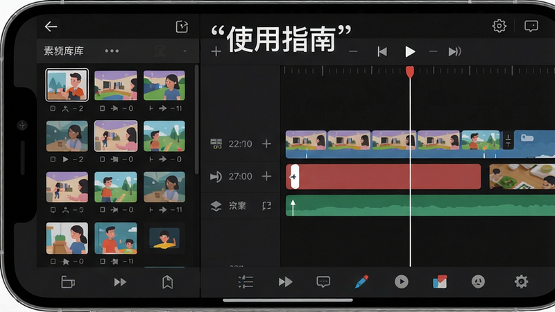 主体为手机屏幕上短视频剪辑的编辑界面,布局左右分屏,左侧是素材库列表,右侧是时间线,中间有播放指针,风格扁平化,细节包括时间轨道上的彩色片段、底部工具栏图标,画质干净清晰,文字“使用指南”加引号