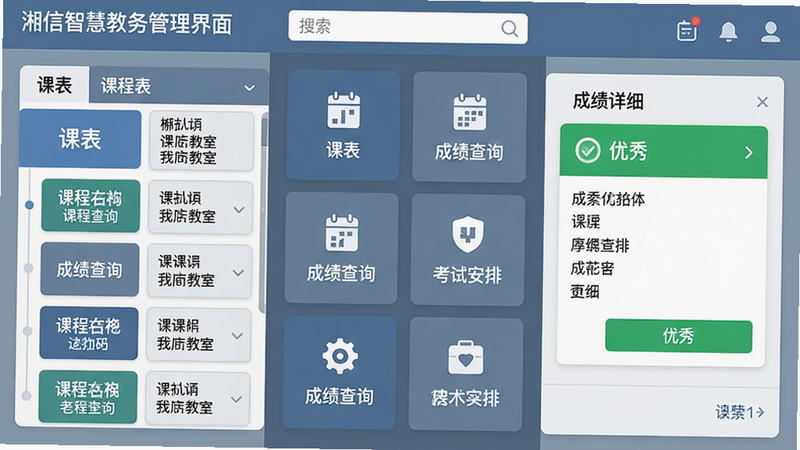 主体:湘信智慧教务管理界面截图,布局:左侧显示课表列表,右侧为成绩详细卡片,排版:采用九宫格功能入口,上方有搜索栏,风格:扁平化设计,蓝灰色调,细节:课表单元格显示课程名称与教室,成绩卡片用绿色标注优秀等级,画质:锐利清晰,干净无多余元素,文字:“课表”、“成绩查询”、“考试安排”等按钮。