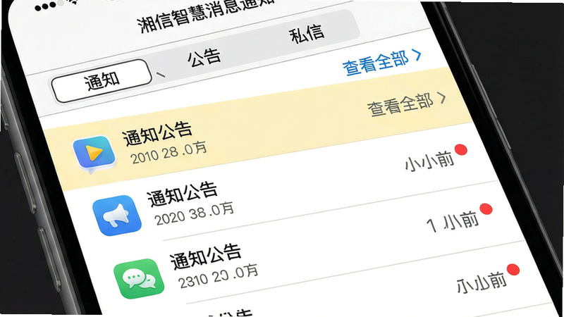 主体:湘信智慧消息通知界面,布局:顶部为消息分类标签(通知、公告、私信),中间为消息列表,每条消息带时间戳和未读红点,排版:列表式,每行左侧图标右侧文字,风格:iOS风格,白底细线分隔,细节:置顶消息用浅黄色背景突出,画质:细腻,文字清晰,文字:“通知公告”、“查看全部”。
