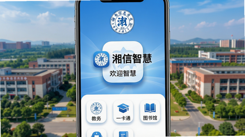 主体:湘信智慧手机应用界面,布局:中央显示“湘信智慧”图标和欢迎标语,排版:上方为学校校徽,下方为快捷功能图标(教务、一卡通、图书馆等),风格:清新简洁的蓝白配色,细节:图标带有柔和阴影,背景为湖南信息学院校园全景图,画质:高清细腻,干净无多余元素,文字:“湘信智慧”居中显示,字体为雅黑加粗。
