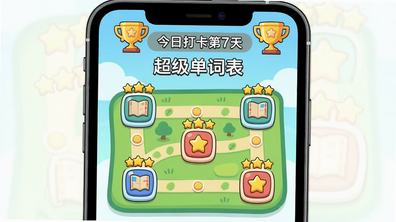 手机界面显示“超级单词表”闯关地图,地图上散布着多个关卡图标,每个关卡上方有星星数量,顶部显示“今日打卡第7天”和奖杯,整体采用卡通扁平风格,色彩明快,画质高清。