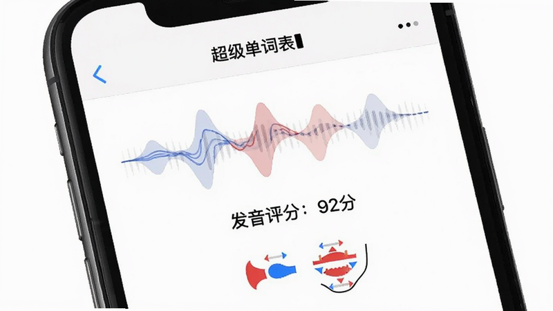 手机屏幕显示“超级单词表”跟读界面,中央有波浪状音波图,下方显示“发音评分:92分”以及红蓝相间的发音部位提示图,背景为纯白,整体简洁专业。