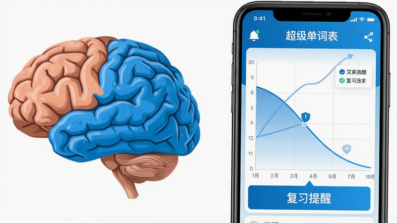 一张动态示意图,左侧是大脑模型,右侧是“超级单词表”App界面中艾宾浩斯曲线图表,曲线下方有“复习提醒”字样,整体采用扁平化科技蓝风格,画质干净,无多余装饰元素。