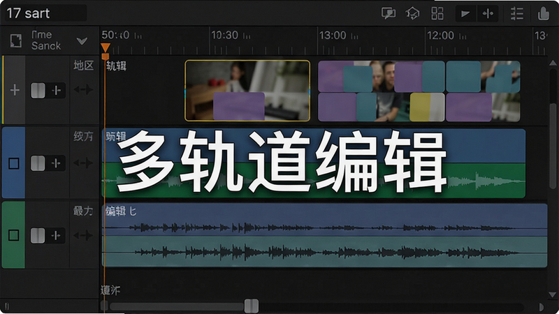 主体为软件编辑界面中的多轨道时间轴,布局显示三条视频轨道和两条音频轨道,每条轨道上有不同颜色的片段块,排版清晰,风格专业,细节包括轨道名称标签、缩放滑块和移动手柄,画质高清,画面干净无多余元素,图片中打文字“多轨道编辑”说明。
