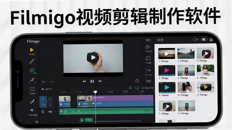 主体为一部手机屏幕,屏幕上显示Filmigo视频剪辑制作软件的主编辑界面,布局包含上方预览窗口、下方时间轴轨道、左侧工具栏和右侧素材库,排版整齐有序,风格现代简约,细节处可见剪辑片段、特效图标、文字按钮和音量控制条,画质高清,画面干净无多余元素,图片中打文字“Filmigo视频剪辑制作软件”作为标题。