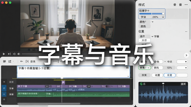 主体为字幕编辑界面,布局显示视频预览区下方有字幕输入框和样式选择区,排版简洁,风格清新,细节包括字体大小、颜色、位置调整选项,以及背景音乐波形图,画质高清,图片中打文字“字幕与音乐”说明。