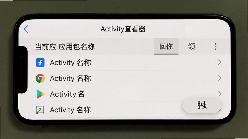 �ֻ���Ļ��ͼ��������������������ʾ��Activity�鿴������ҳ��ҳ�涥�����⡰Activity�鿴�������·��б��г���ǰӦ�ð�����Activity���ƣ�������ɫ�������������޶���Ԫ�أ����������ɼ�