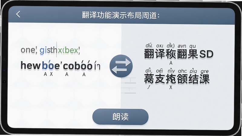 主体:翻译功能演示;布局:左侧英文句子,右侧中文翻译结果,中间有双向箭头图标;排版:双栏对照,底部有“朗读”按钮;风格:简洁商务风;细节:英文单词下方有音标,中文有拼音注音;画质:高清,干净