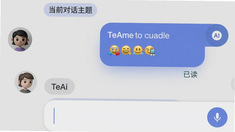 主体:TeAi聊天界面特写;布局:左侧用户头像,右侧AI气泡,气泡内包含文字和emoji;排版:上下滚动消息列表,顶部显示当前对话主题标签;风格:Material Design,柔和圆角;细节:气泡底部有“已读”标记,输入框带语音按钮;画质:清晰,无多余元素