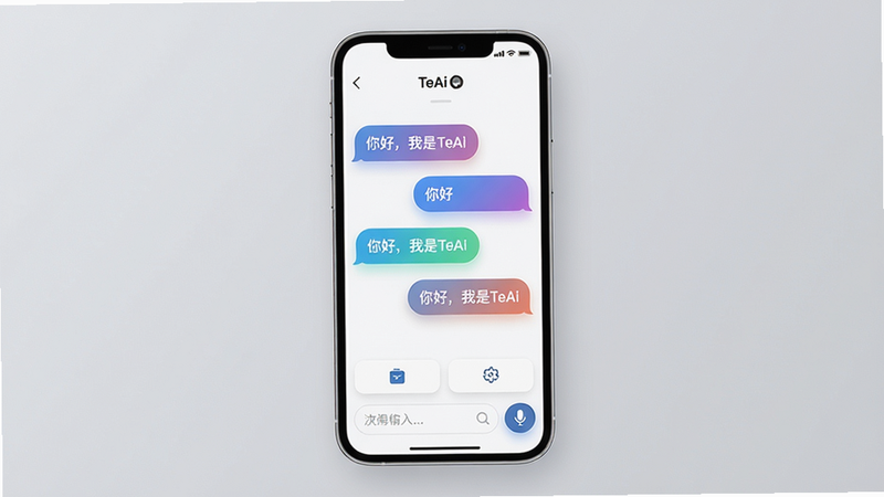 主体:TeAi主界面预览;布局:居中展示手机屏幕,屏幕内显示对话气泡和功能按钮;排版:清爽卡片式设计,底部有输入框和麦克风图标;风格:扁平化+微光效,现代感;细节:对话气泡带有渐变色彩,文字显示“你好,我是TeAi”;画质:高清渲染,干净无多余元素