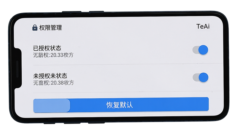 主体:手机横屏显示TeAi设置界面;布局:顶部有“权限管理”选项,中间列表显示已授权和未授权状态;排版:列表带开关滑块,底部有“恢复默认”按钮;风格:原生安卓;细节:滑块颜色为蓝色,文字清晰;画质:干净,无多余元素