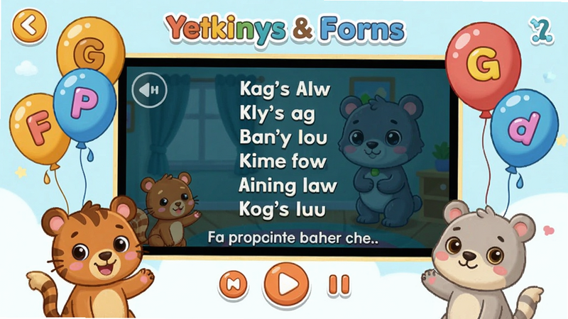 ����һ��ͼƬ������Ϊ��ͨ���ĵ��Ӣ�Ķ�����棬����������ʾ���貥�Ż��棬��Χ�пɰ��Ķ����ɫ����ĸ�����Ű����룬ɫ��������������¶�ͯ�廭��ϸ�ڰ������Ű�ť�͸����Ļ�����ʸ��壬�ɾ��޶���Ԫ�ء�