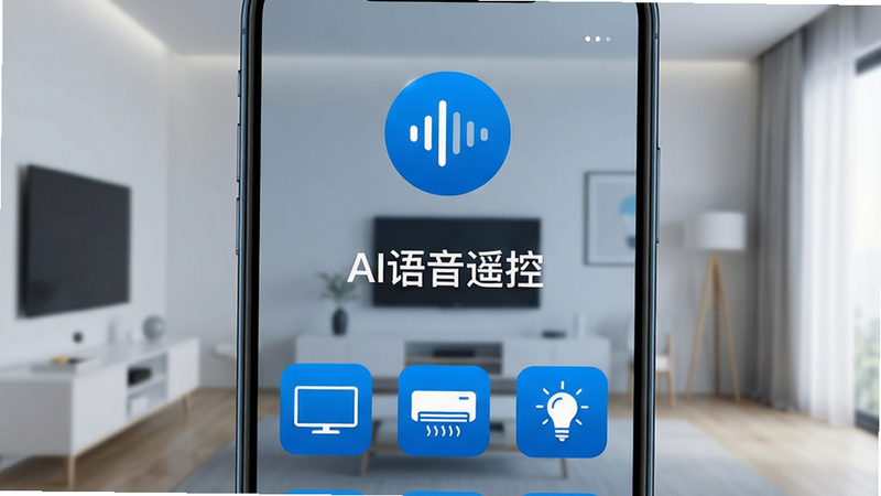 一张智能手机屏幕的特写,屏幕中央显示“AI语音遥控”应用界面,背景是简约的智能家居场景,布局左右对称,上方有语音波形图标,下方排列着电视、空调、灯光等设备图标,风格现代科技蓝,细节清晰,画质高清,干净无多余元素