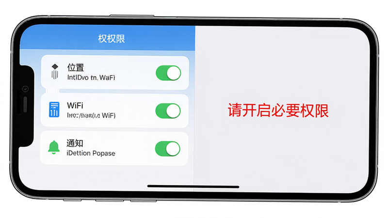 手机横屏展示AI语音遥控的设置界面,左侧显示权限列表(位置、WiFi、通知),右侧有红色警告文字“请开启必要权限”,布局左右分明,风格UI设计,细节有开关按钮和说明文字,画质清晰,干净无多余元素