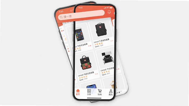 �����ֻ�����չʾUmall������ѡApp�����棬��Ļ��ʾ��Ʒ�ٲ�����������������