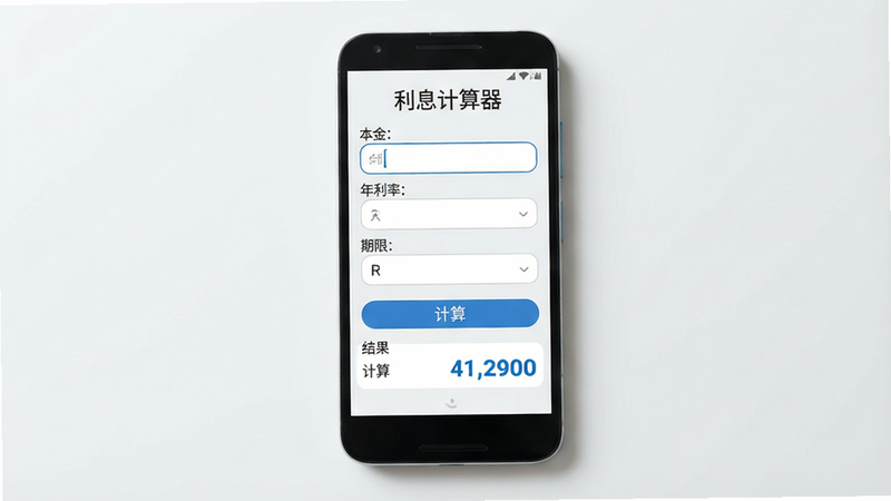 主体为一部安卓手机平放桌面,屏幕显示 Interest Calculator 主界面,顶部有“利息计算器”标题,下方整齐排列本金、年利率、期限等输入框,底部有“计算”按钮和结果展示区域。布局居中对称,背景浅灰白色,风格扁平简约,细节处输入框有圆角边框,结果数字用蓝色加粗。画质高清,干净无多余元素。