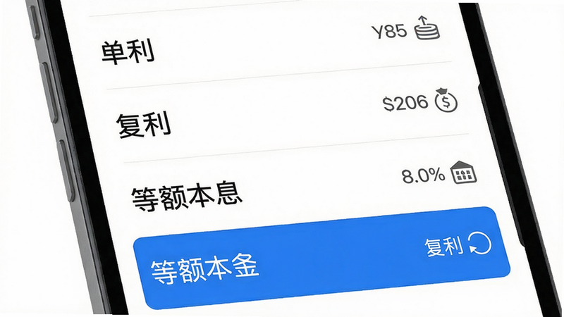 手机屏幕展示利息计算模式选择页面,列表有“单利”“复利”“等额本息”“等额本金”四个选项,当前“复利”被选中高亮为蓝色。背景纯净白色,布局从上到下排列,字体清晰,风格现代化。细节包括每个模式右侧有简短说明图标。画质干净,无多余元素。