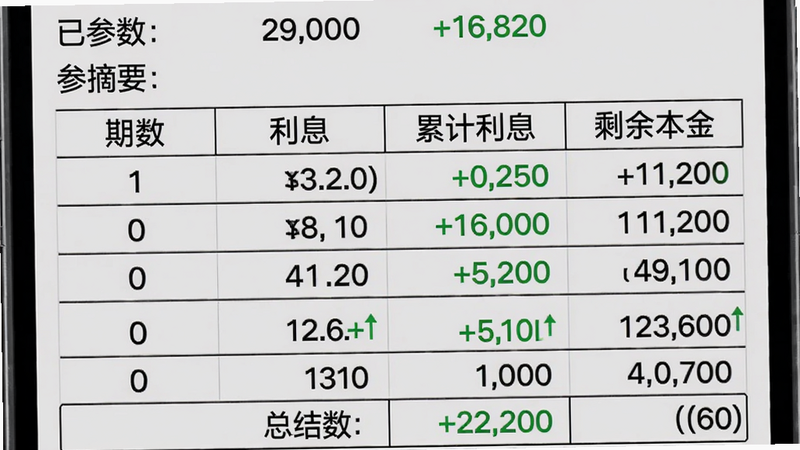 手机屏幕显示计算结果的明细表格,表头列有“期数”“利息”“累计利息”“剩余本金”,每行数据用细线分隔,底部有总结果框。表格上方有已输入的参数摘要。风格简约商务,背景浅灰色,字体黑色,数字用绿色表示增长。画质清晰,无多余元素。