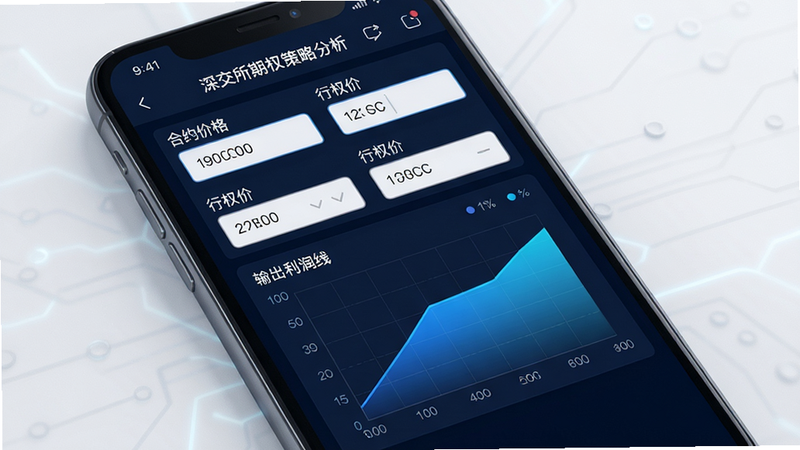 深交所期权策略分析界面,主体手机屏幕显示策略计算器,输入框有“合约价格”“行权价”等,下方输出利润曲线图,图表蓝色渐变,布局居中,科技感,画质清晰,干净无多余元素