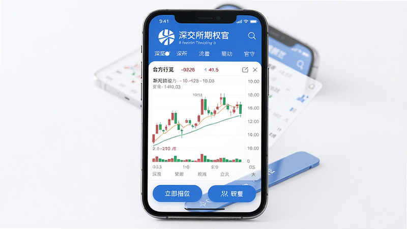 深交所期权官方移动端界面预览,主体为手机屏幕显示行情页面,布局简洁,顶部Logo,中间K线图,底部功能按钮,科技蓝白配色,画质高清,干净无多余元素