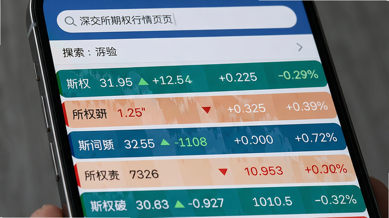 深交所期权行情页面截图,主体为手机竖屏,顶部搜索栏,下方列表展示多个期权合约实时价格与涨跌幅,每行背景交替,数字红绿表示涨跌,布局清晰,风格现代简洁,画质精细,无多余元素