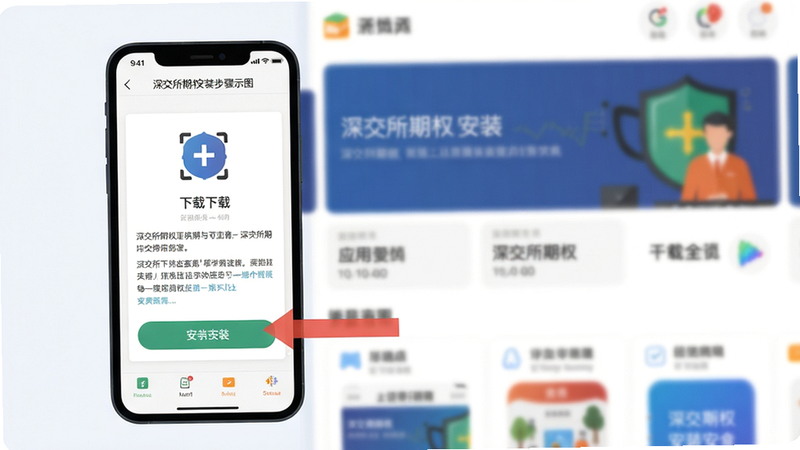 深交所期权安装步骤示意图,主体为手机屏幕显示下载页面,箭头指向安装按钮,背景为应用商店界面,布局步骤化,风格扁平化,画质清晰,干净无多余元素