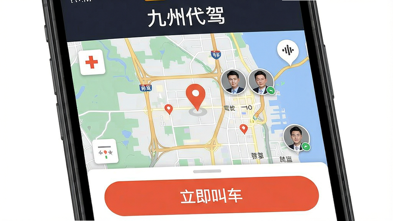 一张手机屏幕截图,主体为九州代驾APP主界面,布局上方品牌栏显示“九州代驾”字样,中间为实景地图,底部有醒目的“立即叫车”按钮,排版简洁,风格扁平化,细节包括地图上的定位图标和附近司机头像,画质高清,干净无多余元素,alt=九州代驾预览图