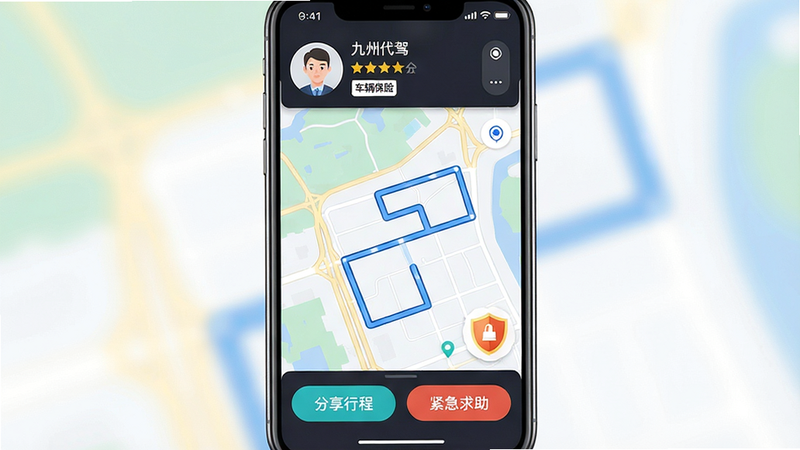 一张手机界面截图,主体为九州代驾行程中安全功能页面,布局顶部显示当前司机信息与车辆牌照,中间地图上有蓝色轨迹线,底部有“分享行程”和“紧急求助”按钮,排版清晰,风格安全警示色搭配,细节包括司机头像、评分以及安全保险标识,画质高清,干净无多余元素,alt=九州代驾安全界面