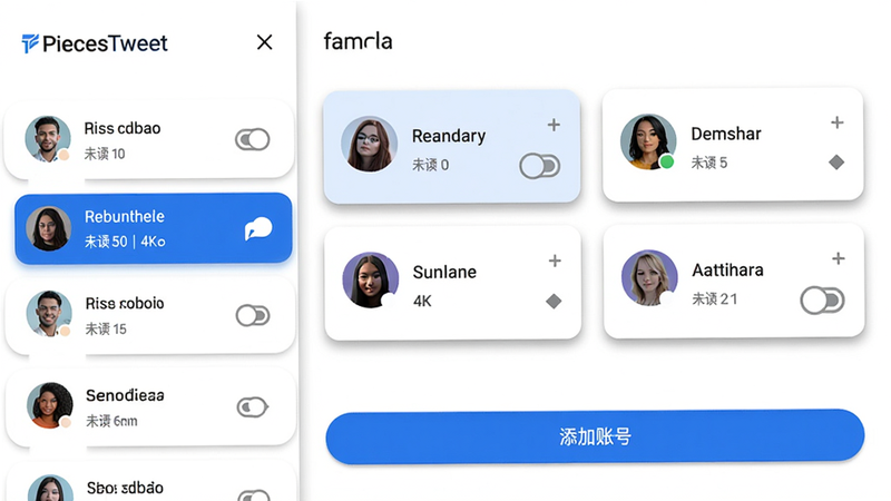 主体:PiecesTweet多账号管理界面,布局:左侧滑动抽屉显示列表,右侧主内容区;排版:账号卡片带头像和用户名,底部“添加账号”按钮;风格:Material Design,圆角卡片阴影;细节:每个账号显示未读数、切换高亮;画质:4K超清,无多余元素。