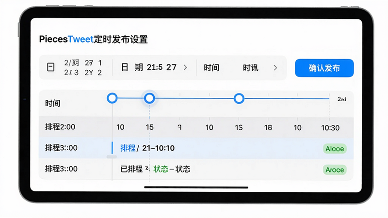 主体:PiecesTweet定时发布设置面板,布局:日期选择器与时间轴横向排列,右侧“确认发布”按钮;排版:表格形式列出排程任务;风格:iOS风格,柔和色调;细节:时间点标记为蓝色圆点,已排程任务显示状态;画质:高清,背景纯白。