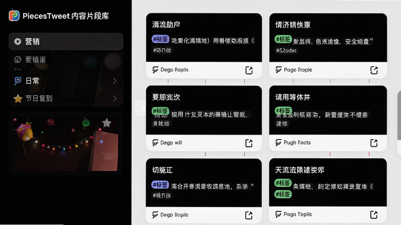 主体:PiecesTweet内容片段库界面,布局:左侧分类列表(营销、日常、节日),右侧片段卡片网格;排版:两列瀑布流,每个卡片显示标题与预览;风格:干净清爽,浅灰背景;细节:片段内容有“#标签”高亮,底部可快速复制;画质:高对比度,无多余元素。