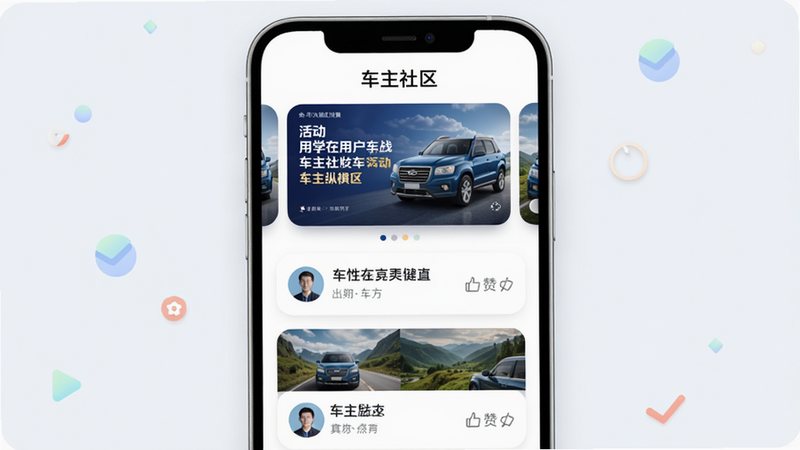 福特纵横社区界面预览图:手机屏幕显示社区首页,上方轮播图展示活动海报,下方卡片式列表包含用户发布的图文,每张卡片有头像、标题、点赞数,界面清新,采用圆角设计,文字“车主社区”在顶部居中。