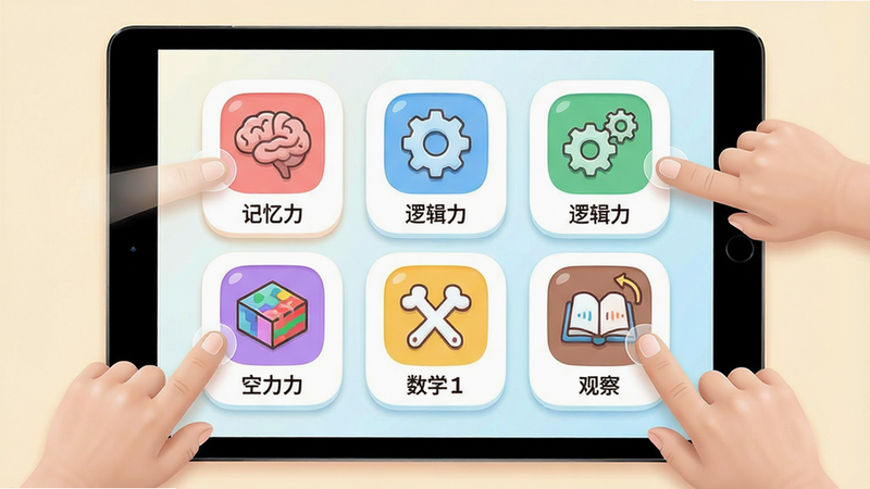 主体:一个平板电脑屏幕上显示儿童脑力大赛游戏界面,分成五个彩色图标分别代表记忆、逻辑、空间、数学、观察;布局:屏幕居中,周围有虚拟手指点击图标;排版:每个图标下方有中文标签“记忆力”“逻辑力”等,字体清晰;风格:UI界面风格,圆角卡片,柔和灯光;细节:图标上带有简单图案,如记忆模块是大脑形状,逻辑模块是齿轮;画质:清晰、干净、无多余元素