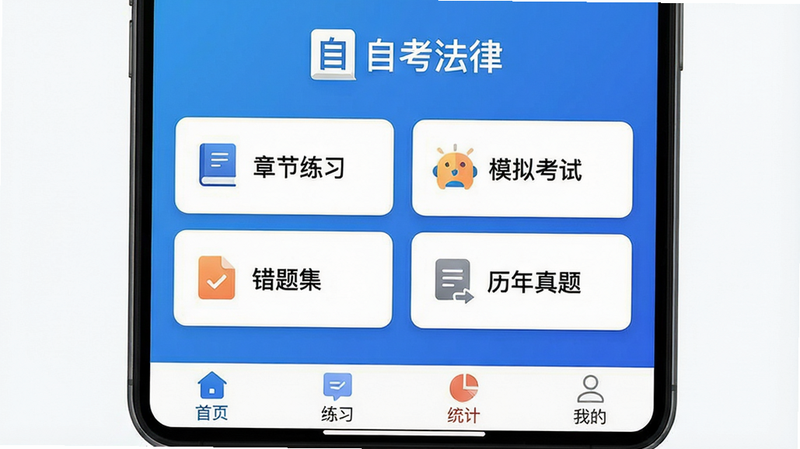 自考法律App主界面截图,手机屏幕显示蓝色渐变背景,顶部有“自考法律”Logo,中间排列四个功能卡片:章节练习、模拟考试、错题集、历年真题,底部导航栏包含首页、练习、统计、我的,整体UI简洁现代,画质清晰,干净无多余元素