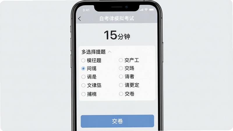 自考法律App模拟考试界面,手机屏幕显示倒计时时间15分钟,题目为多选题,选项整齐排布,底部有“交卷”按钮,背景为浅灰色,风格简约,画质清晰