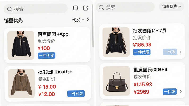 ���壺����԰App�ڵ���Ʒ�б�ҳ��չʾ����װ����������֣������ٲ�����ʽ��ÿ����Ʒ����Сͼ�����⡢�����ۺ͡���������ǩ���������������ɸѡ�������������ȡ����Ű棺��Ʒ��ƬԲ�ǣ���ɫ������ͼƬ������ϸ�ڣ��۸��ú�ɫ�Ӵ֣���ǩΪ��ɫ��һ������������񣺵����б����ͷ��ɫ����͡����ʣ�4K���ɾ��޶���Ԫ�ء�