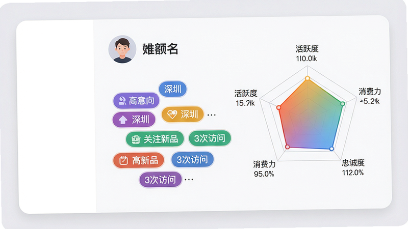 主体:一张客户画像详情卡片,顶部是头像和姓名,下方以彩色标签云展示“高意向”、“深圳”、“关注新品”、“3次访问”等标签,右侧有雷达图显示活跃度、消费力、忠诚度评分。布局:卡片居中,左侧留白。排版:标签云错落有致,雷达图用渐变色填充。风格:数据可视化卡片,柔和圆角,灰白背景。细节:每个标签带小图标,雷达图网格线清晰,数值精确到个位。画质:高清,无多余元素。