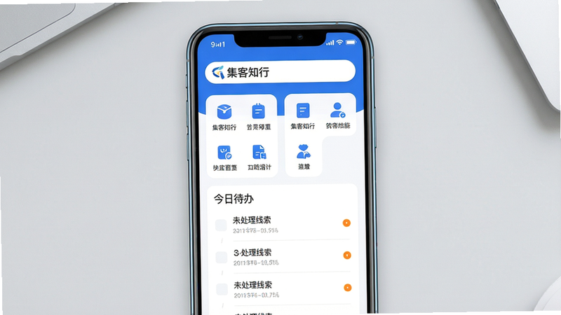 主体:一部手机屏幕显示集客知行首页,顶部搜索框有“集客知行”logo,下方为四个功能快捷入口,中间区域是“今日待办”列表,有3条未处理线索。布局:手机竖屏居中,背景为浅灰色桌面。排版:快捷入口为圆角图标矩阵,待办列表带橙色提醒圆点。风格:现代轻商务风格,蓝色与白色主色调。细节:手机顶部状态栏有信号和电量图标,屏幕边缘有细微反光。画质:高清,干净无多余元素。