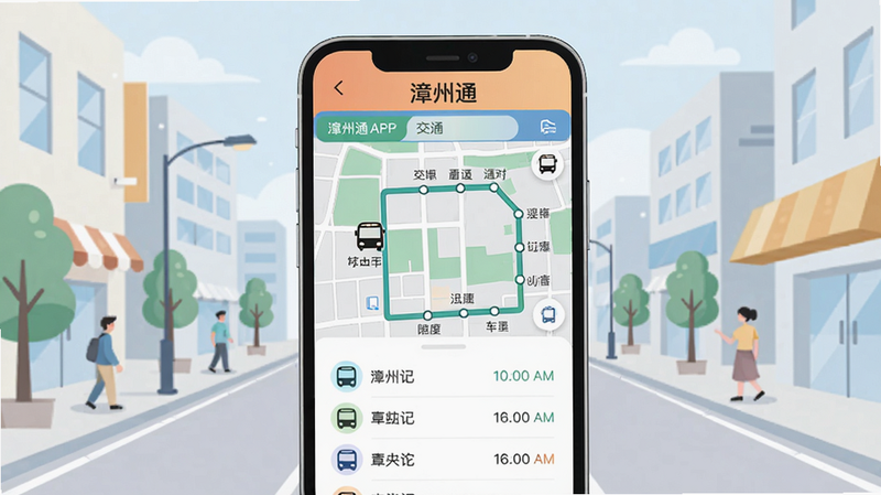 展示漳州通APP交通出行功能界面,主体为手机屏幕显示实时公交页面,地图上标有公交线路和站点,底部有公交车到站时间列表,背景为街道场景的简约插画,风格清新现代,画质高清,干净,屏幕顶部有“漳州通”字样。