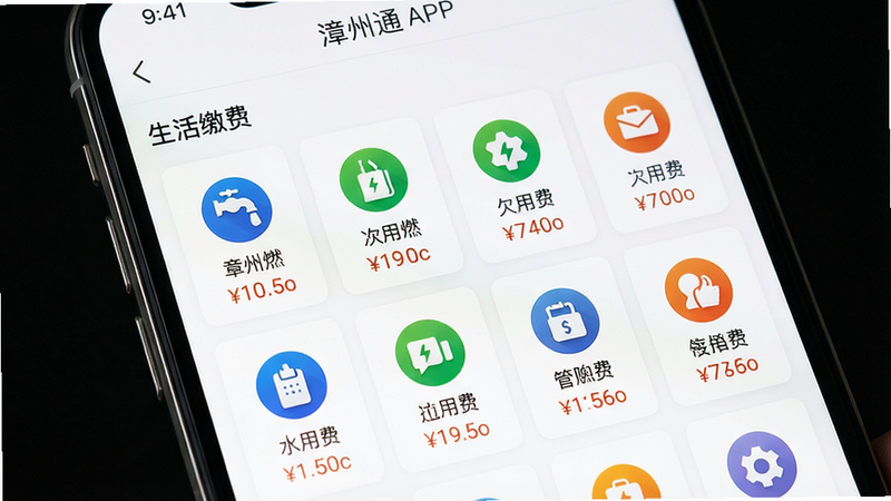 手机屏幕显示漳州通APP的“生活缴费”页面,主体为水电燃气等缴费项目图标排列,每个图标下方标注名称和欠费金额,整体背景为白色,采用卡片式布局,风格简洁清晰,画质高清,干净,屏幕上方有“漳州通”标题。