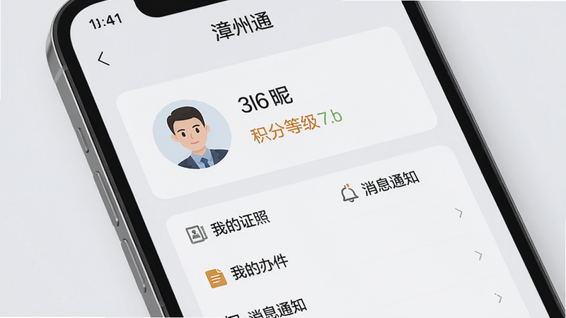 手机屏幕展示漳州通APP的个人中心页面,主体为头像、昵称、积分等级等个人信息展示,下方为“我的证照”“我的办件”“消息通知”等菜单列表,背景为浅灰色,采用卡片式布局,风格现代简洁,画质高清,干净,屏幕顶部有“漳州通”字样。