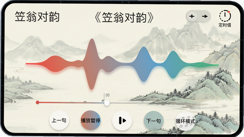 主体:《笠翁对韵》音频播放界面,布局:中央波形动画,下方控制栏有“上一句”、“播放/暂停”、“下一句”、“循环模式”按钮;排版:简洁圆形按钮,波形颜色随音乐渐变;风格:现代扁平结合传统元素,背景为山水淡彩;细节:右上角显示倍速选项和定时器;画质:细腻流畅,干净无多余元素。