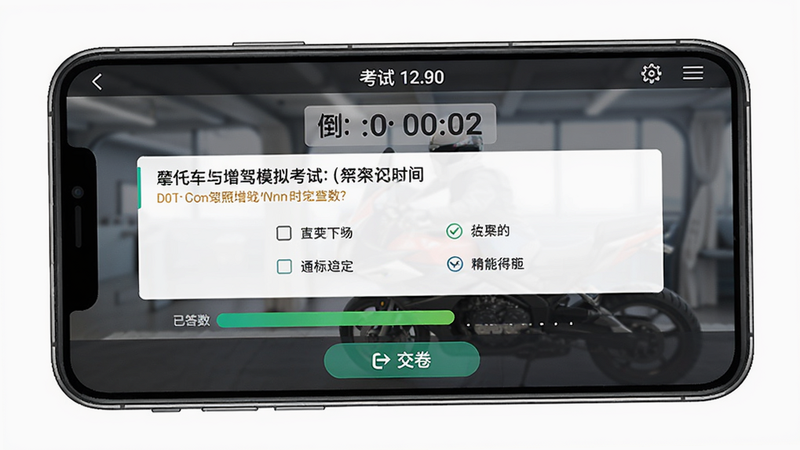 Ħ�г���������ͨģ�⿼�Խ��棬�ֻ���Ļ��ʾ����ʱ����Ŀ��ѡ���������ʾ�Ѵ������������п���ʱ�䣬�ײ��н�����ť���߻��ʣ��ɾ��޶���Ԫ��