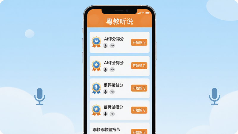 ��������Ϊ������˵APP���ֻ���Ļ�ϵ��������棬���־��У��Ϸ���ʾ��������˵����ɫ���������·�Ϊģ�⿼������б���ÿ�����Ա��С���ʼ��ϰ����ť�������ǵ���ɫ���䣬����ƽ��࣬ϸ�ڰ���AI���ֵ÷ֻ��¡�¼����ť����˷�ͼ�꣬���ʸ���ɾ����޶���Ԫ�ء�