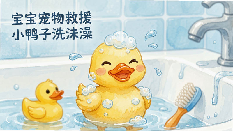 主体:一只黄色小鸭子站在浴缸里,身上沾满泡泡,旁边有橡皮鸭玩具和刷子;布局:小鸭子居中偏左,右侧有浴缸边缘和水龙头;排版:画面左上角文字“宝宝宠物救援 小鸭子洗洗澡”;风格:干净清爽的水彩风格,背景是浅蓝色浴室瓷砖;细节:水滴飞溅,鸭子眼睛眯成缝开心状;画质:超高清,柔光效果,无多余杂乱元素。